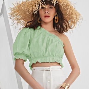 Mint Green One Shoulder Ruffle Trim Crop Top